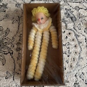 Vintage Handmade Spiral Crochet YOYO Clown Doll with Plastic Head Yellow New